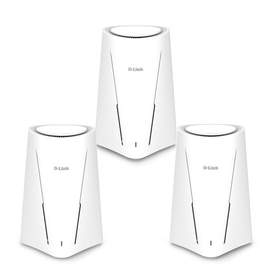 Three D-Link Wi-Fi 6 routers on a white background