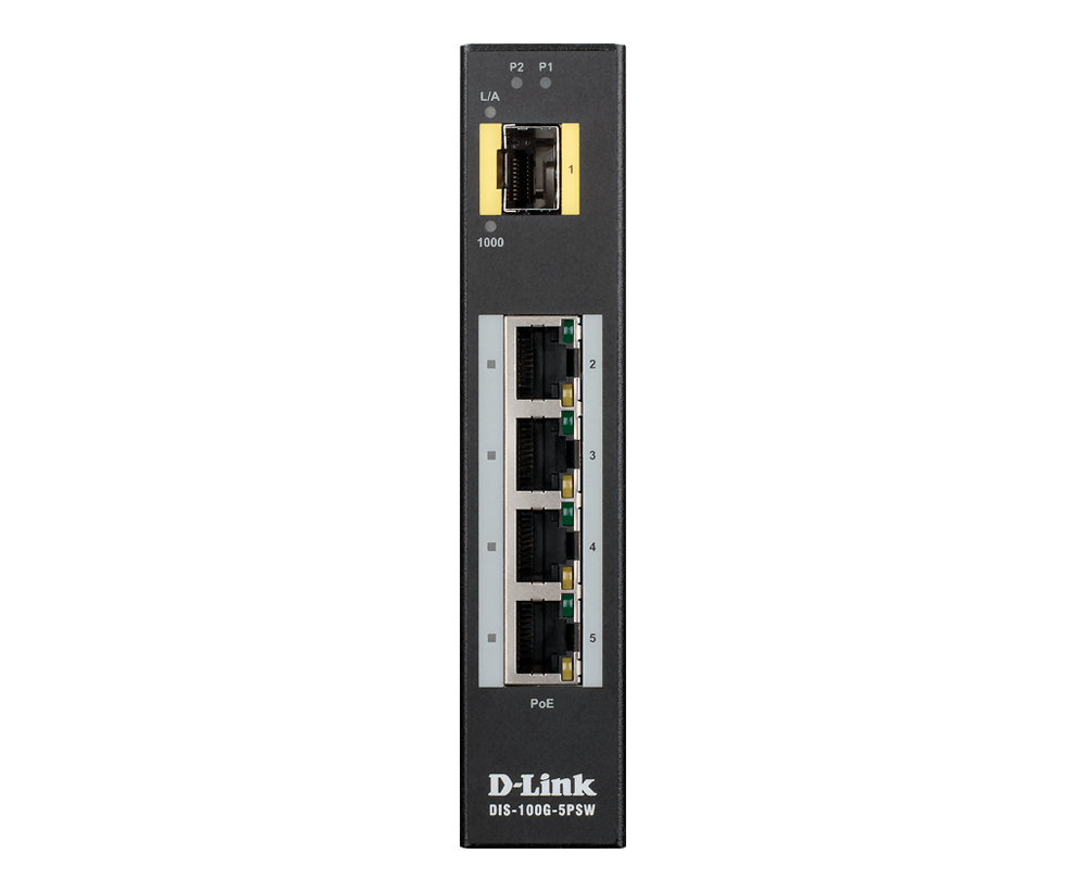 Switch PoE industriel renforcé non géré Gigabit à 5 ports avec 1 port SFP Gigabit - DIS-100G-5PSW